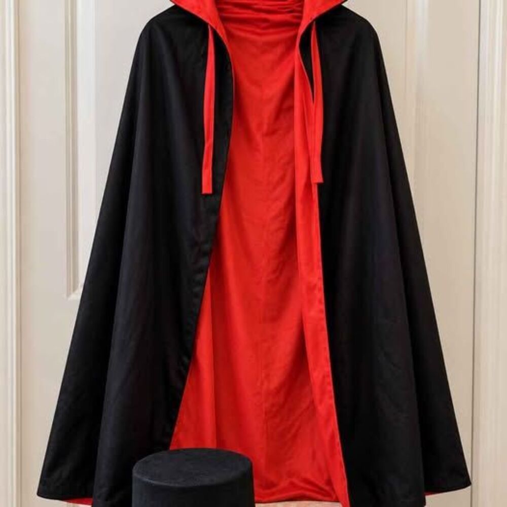 Black & Red Hooded Cape Costume Set with Top Hat & Wand